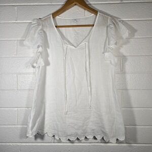 Gap White Flutter Sleeve Eyelet Hem Tie Neck Gauze Blouse XL Boho Top Angel Art